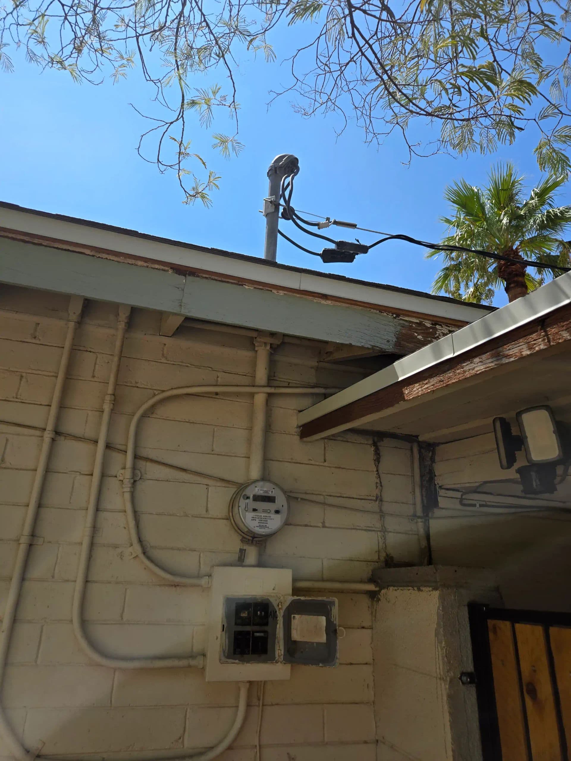 Electrical meter and service pole with wiring against a clear blue sky and palm tree.