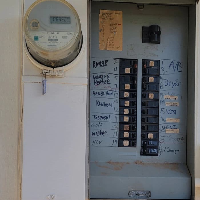 Electrical panel with labeled circuit breakers and a utility meter on the side.
