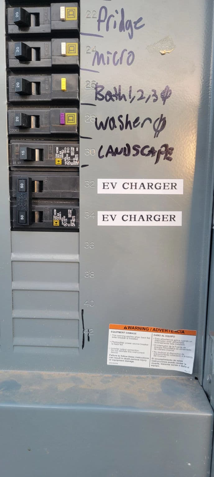 Electrical panel with labeled circuit breakers for fridge, washer, bath, and EV charger.