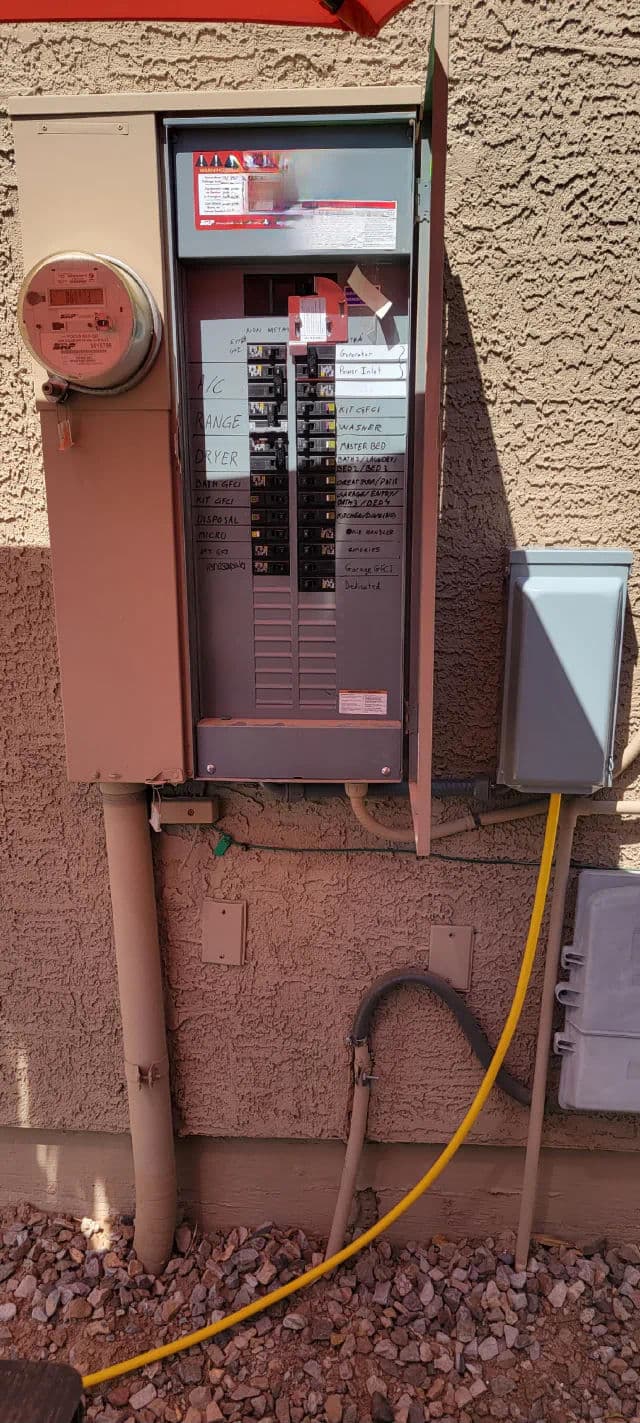 Electrical panel with circuit breakers and utility meter mounted on a textured wall.